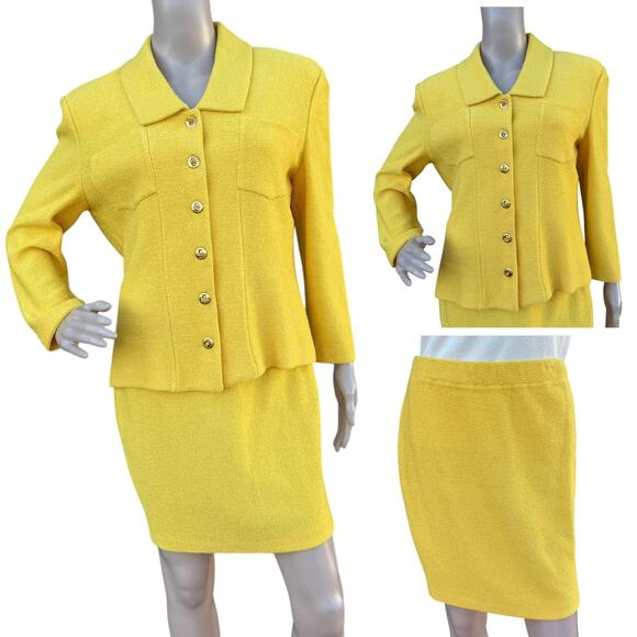 St. John 8 Skirt Suit Yellow Tweed Knit Gold Turn-Lock Jacket Pencil Mini Set - Picture 1 of 16